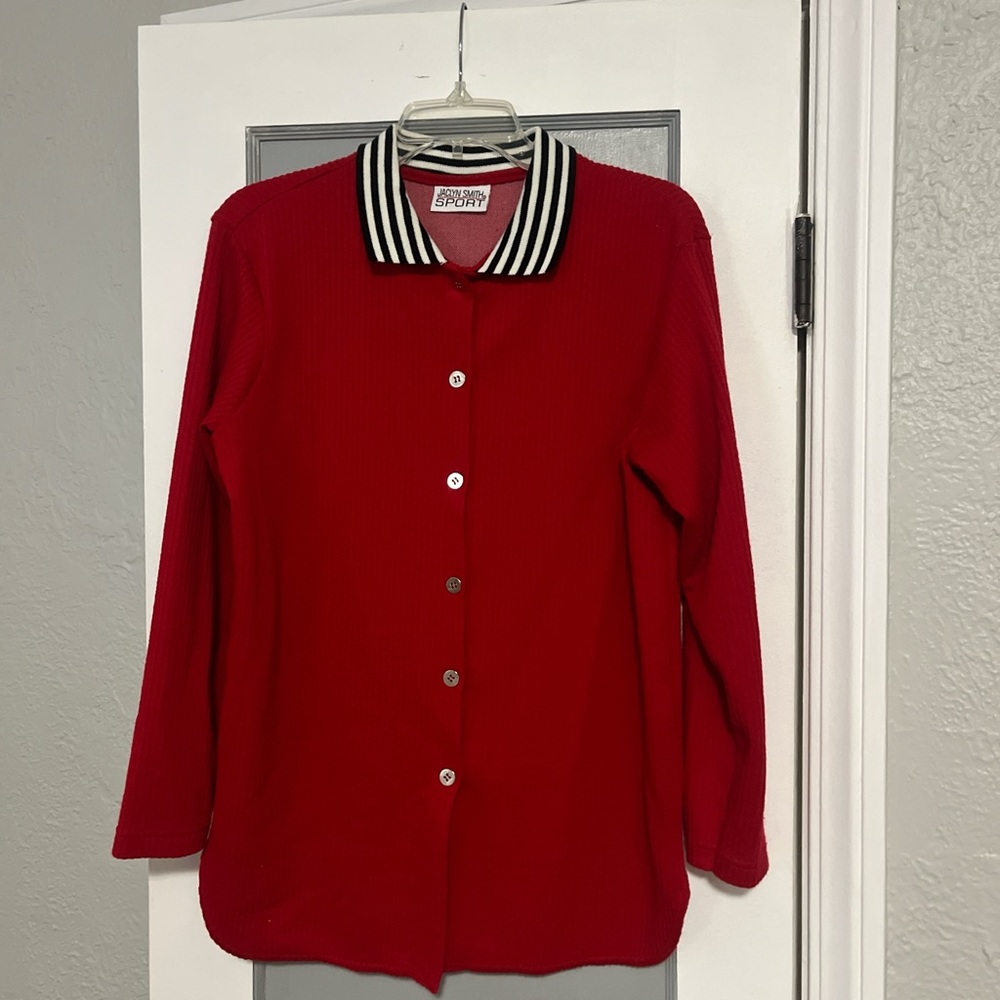 Jaclyn Smith Red Varsity Shirt with Striped Collar
